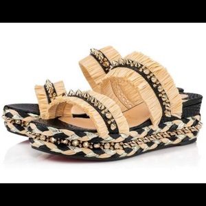 Christian louboutin voltinoudou beige black raffia wedge sandal spike sz 37